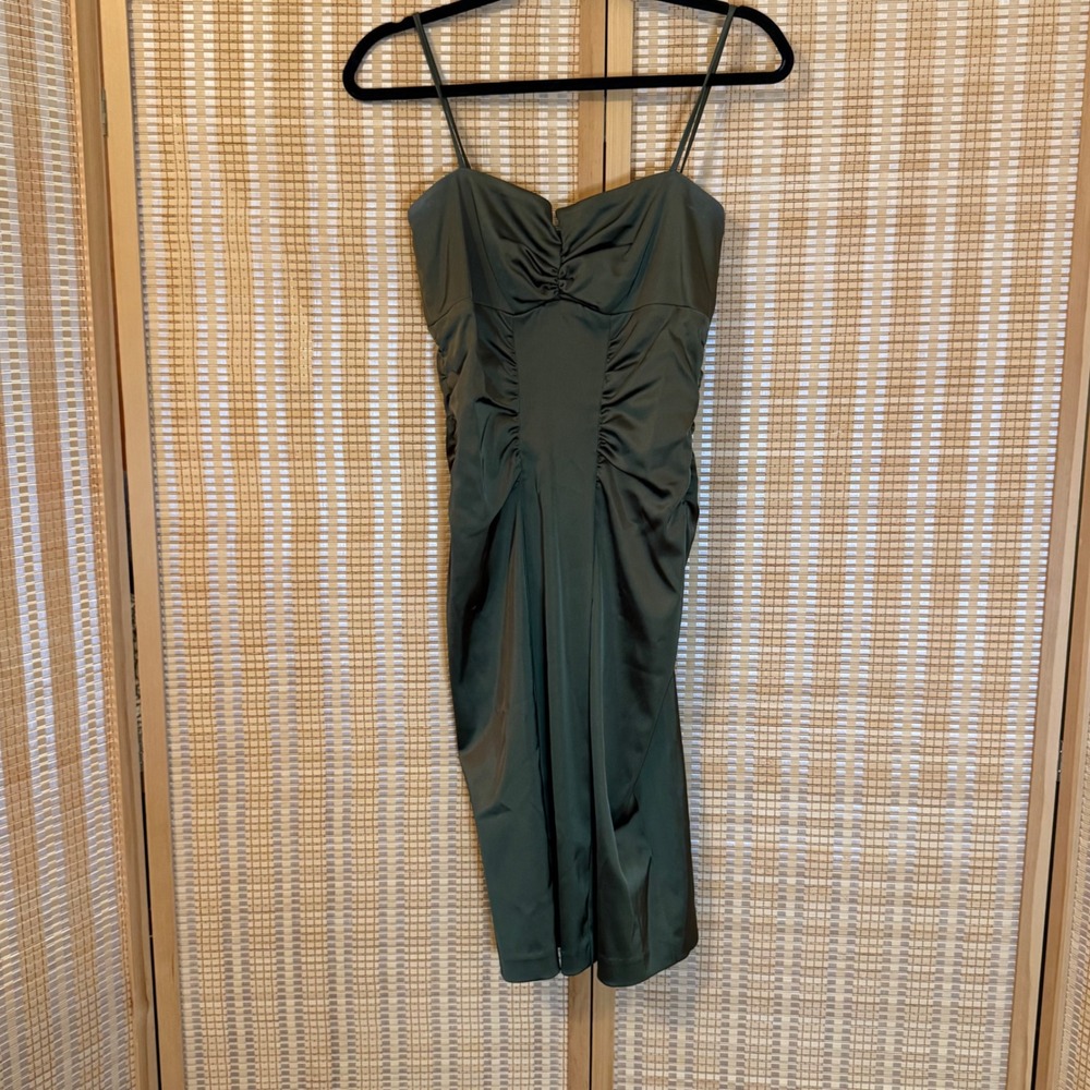 Xscape by Joanna Chen Olive Green Satin Ruched Midi Cocktail Dress Size 8 Party